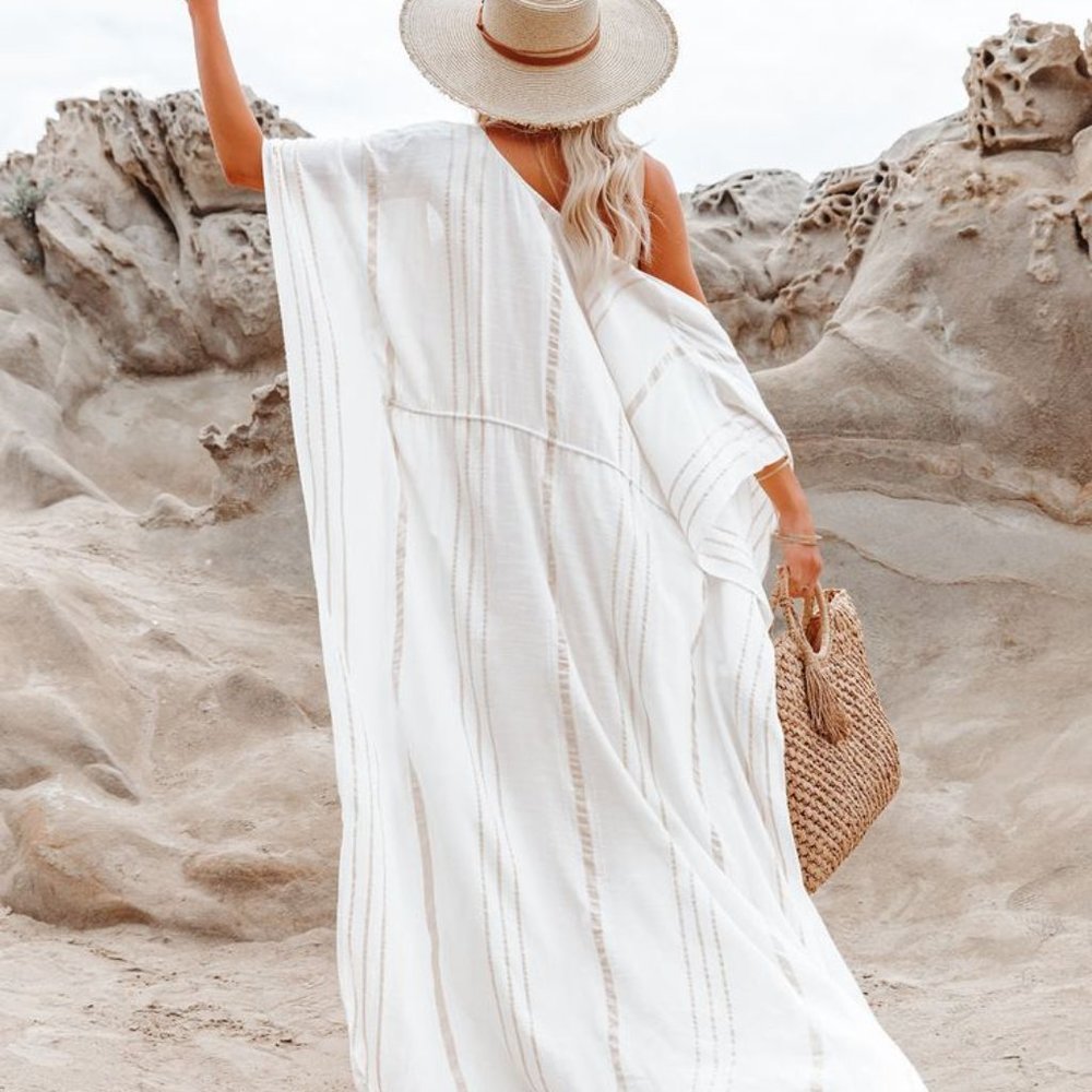 VICI - SEACLIFF STRIPED ADJUSTABLE KAFTAN - OFF WHITE/ TAUPE  M/L - Picture 4 of 10
